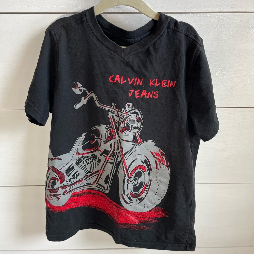 Calvin Klein Black Tee with Red Motorcycle Graphic
